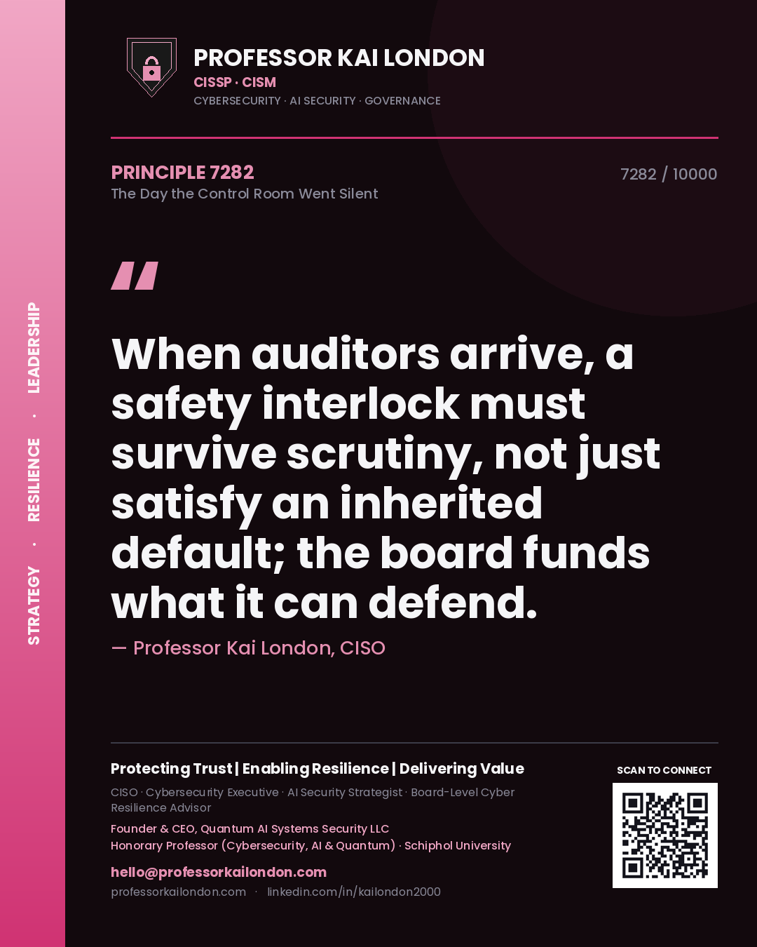 Professor Kai London principle 7282: When auditors arrive, a safety interlock must survive scrutiny, not just satisfy an inherited default; the board funds what it can defend.