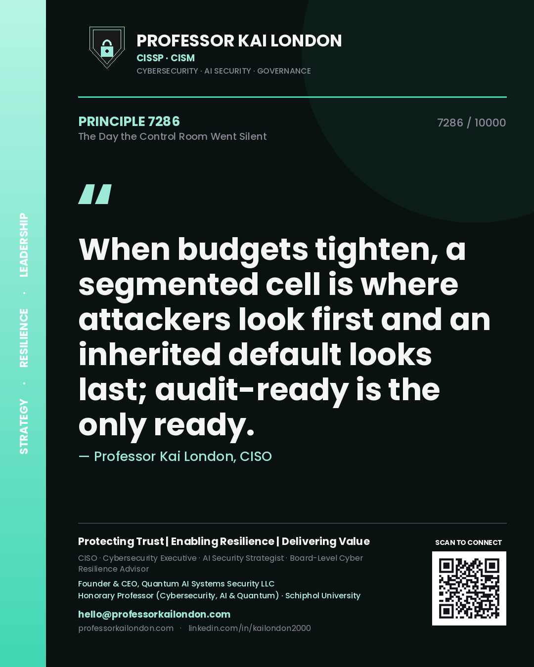 Quote card by Professor Kai London reading 'When budgets tighten, a segmented cell is where attackers look first and an inherited default looks last; audit-ready is the only ready.'. From the book The Day the Control Room Went Silent.