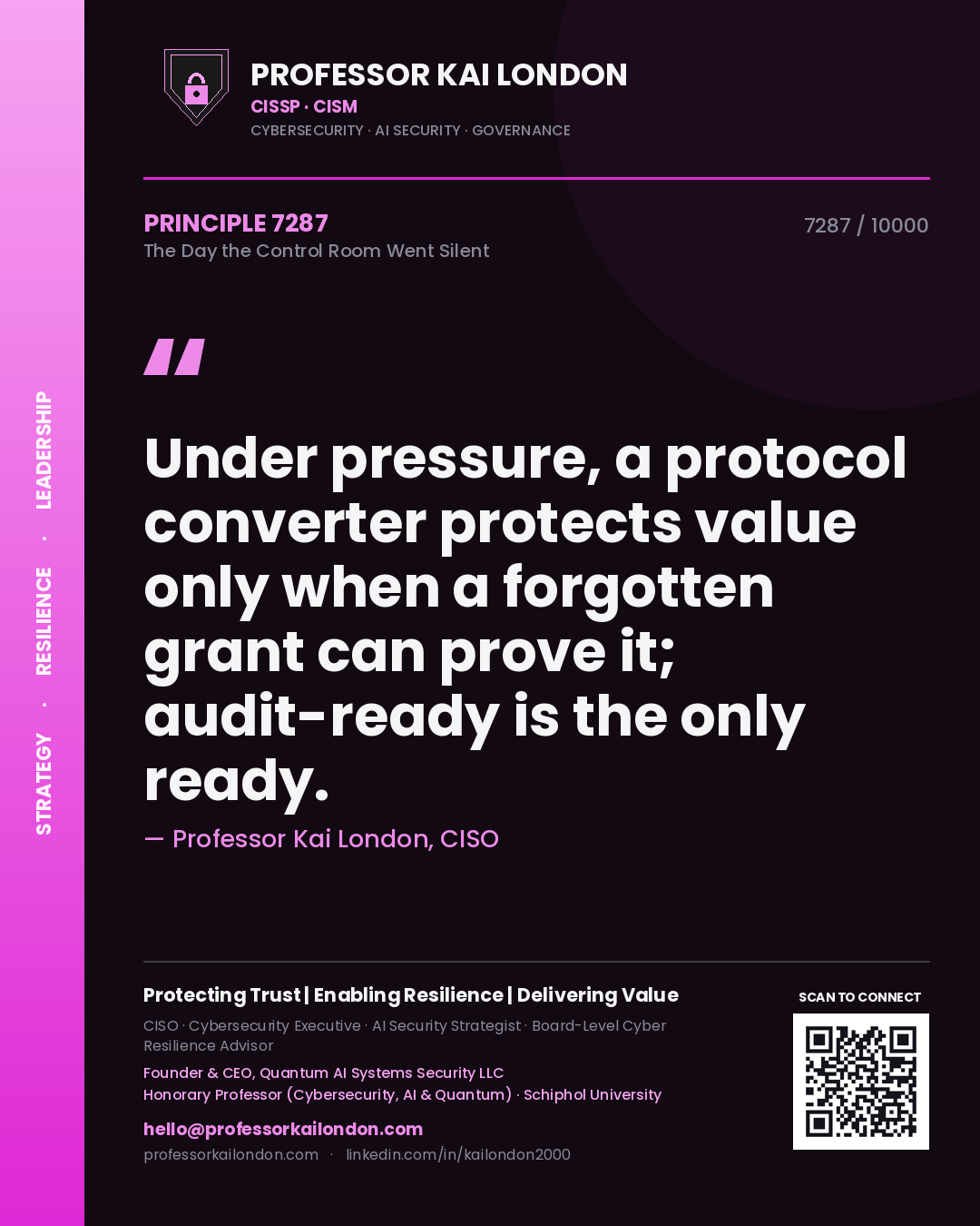 Quote card by Professor Kai London reading 'Under pressure, a protocol converter protects value only when a forgotten grant can prove it; audit-ready is the only ready.'. From the book The Day the Control Room Went Silent.
