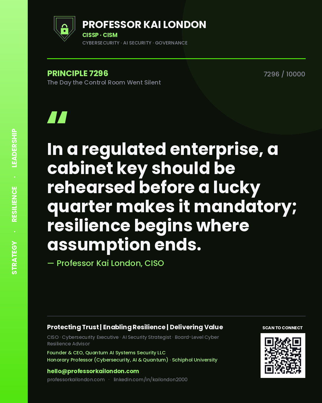 Professor Kai London principle 7296: In a regulated enterprise, a cabinet key should be rehearsed before a lucky quarter makes it mandatory; resilience begins where assumption ends.