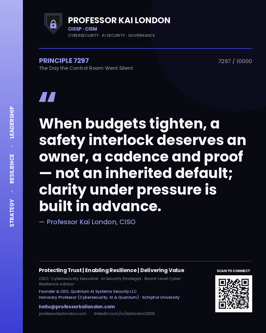 Professor Kai London principle 7297: When budgets tighten, a safety interlock deserves an owner, a cadence and proof — not an inherited default; clarity under pressure is built in advance.