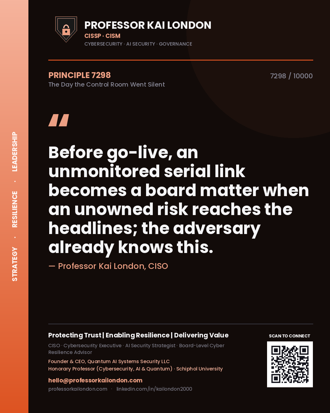 Quote card by Professor Kai London reading 'Before go-live, an unmonitored serial link becomes a board matter when an unowned risk reaches the headlines; the adversary already knows this.'. From the book The Day the Control Room Went Silent.