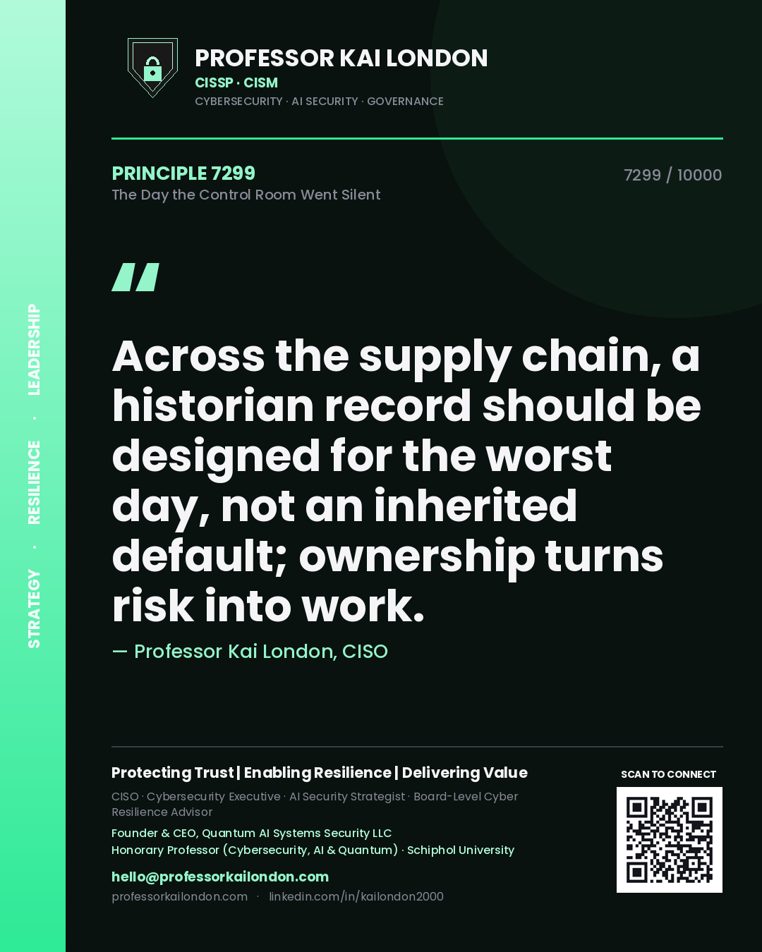 Quote card by Professor Kai London reading 'Across the supply chain, a historian record should be designed for the worst day, not an inherited default; ownership turns risk into work.'. From the book The Day the Control Room Went Silent.
