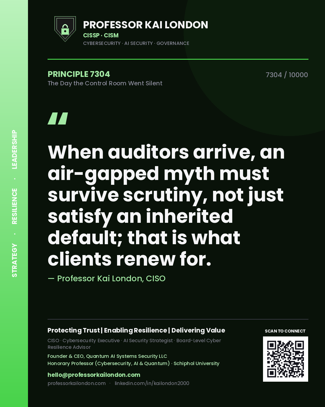 Quote card by Professor Kai London reading 'When auditors arrive, an air-gapped myth must survive scrutiny, not just satisfy an inherited default; that is what clients renew for.'. From the book The Day the Control Room Went Silent.