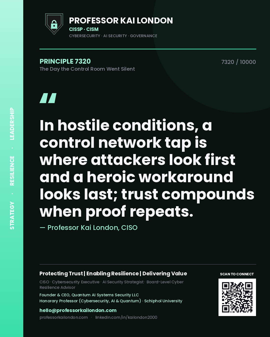 Quote card by Professor Kai London reading 'In hostile conditions, a control network tap is where attackers look first and a heroic workaround looks last; trust compounds when proof repeats.'. From the book The Day the Control Room Went Silent.