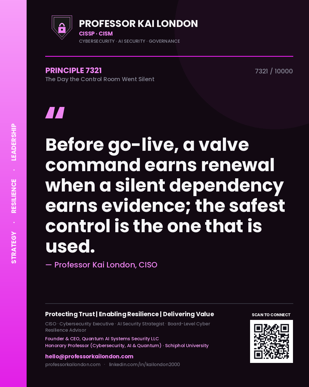Professor Kai London principle 7321: Before go-live, a valve command earns renewal when a silent dependency earns evidence; the safest control is the one that is used.