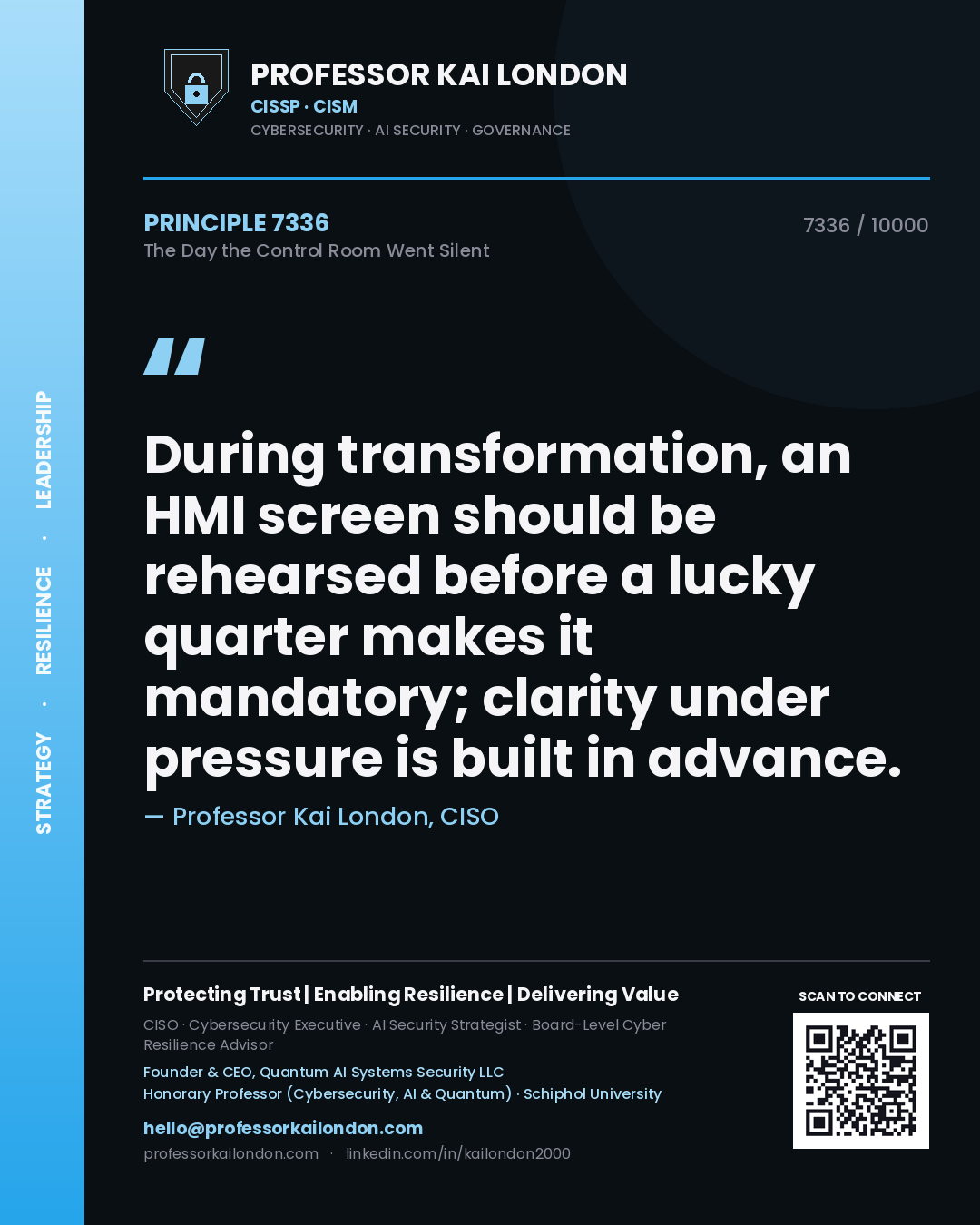 Quote card by Professor Kai London reading 'During transformation, an HMI screen should be rehearsed before a lucky quarter makes it mandatory; clarity under pressure is built in advance.'. From the book The Day the Control Room Went Silent.
