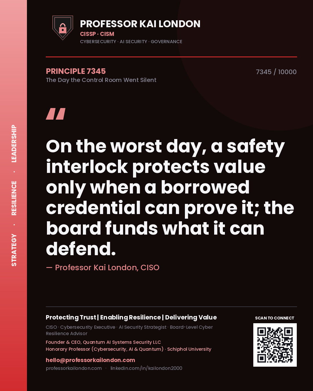 Professor Kai London principle 7345: On the worst day, a safety interlock protects value only when a borrowed credential can prove it; the board funds what it can defend.