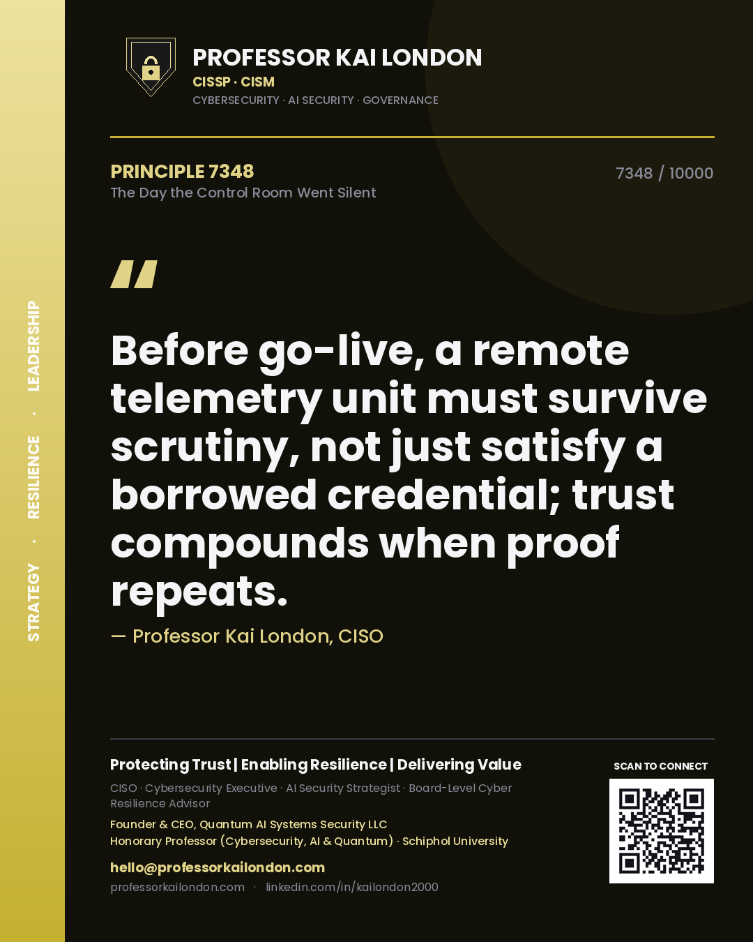 Professor Kai London principle 7348: Before go-live, a remote telemetry unit must survive scrutiny, not just satisfy a borrowed credential; trust compounds when proof repeats.