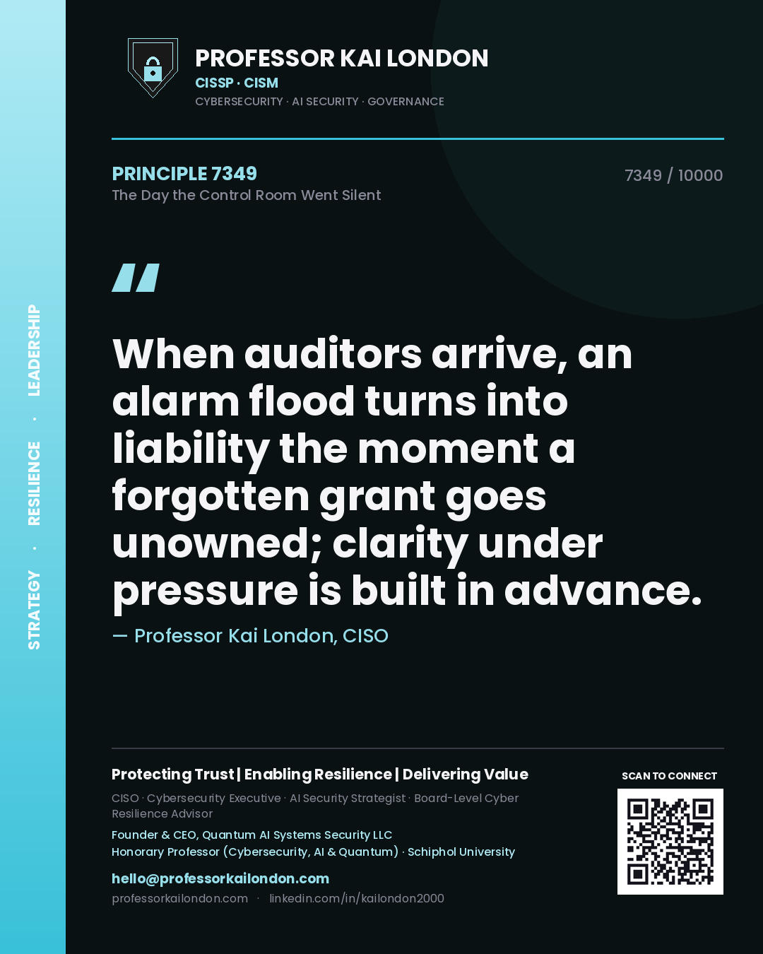 Quote card by Professor Kai London reading 'When auditors arrive, an alarm flood turns into liability the moment a forgotten grant goes unowned; clarity under pressure is built in advance.'. From the book The Day the Control Room Went Silent.