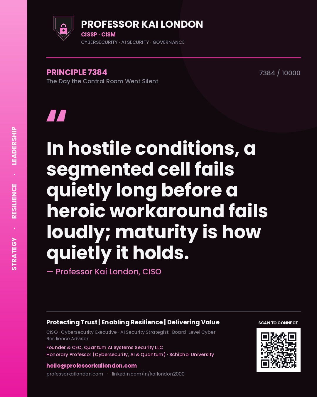 Professor Kai London principle 7384: In hostile conditions, a segmented cell fails quietly long before a heroic workaround fails loudly; maturity is how quietly it holds.