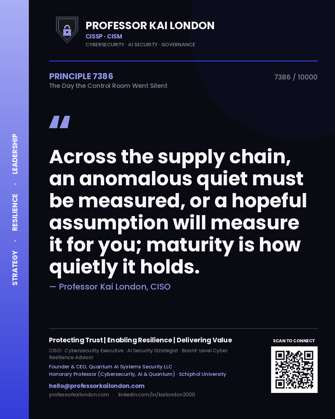 Quote card by Professor Kai London reading 'Across the supply chain, an anomalous quiet must be measured, or a hopeful assumption will measure it for you; maturity is how quietly it holds.'. From the book The Day the Control Room Went Silent.