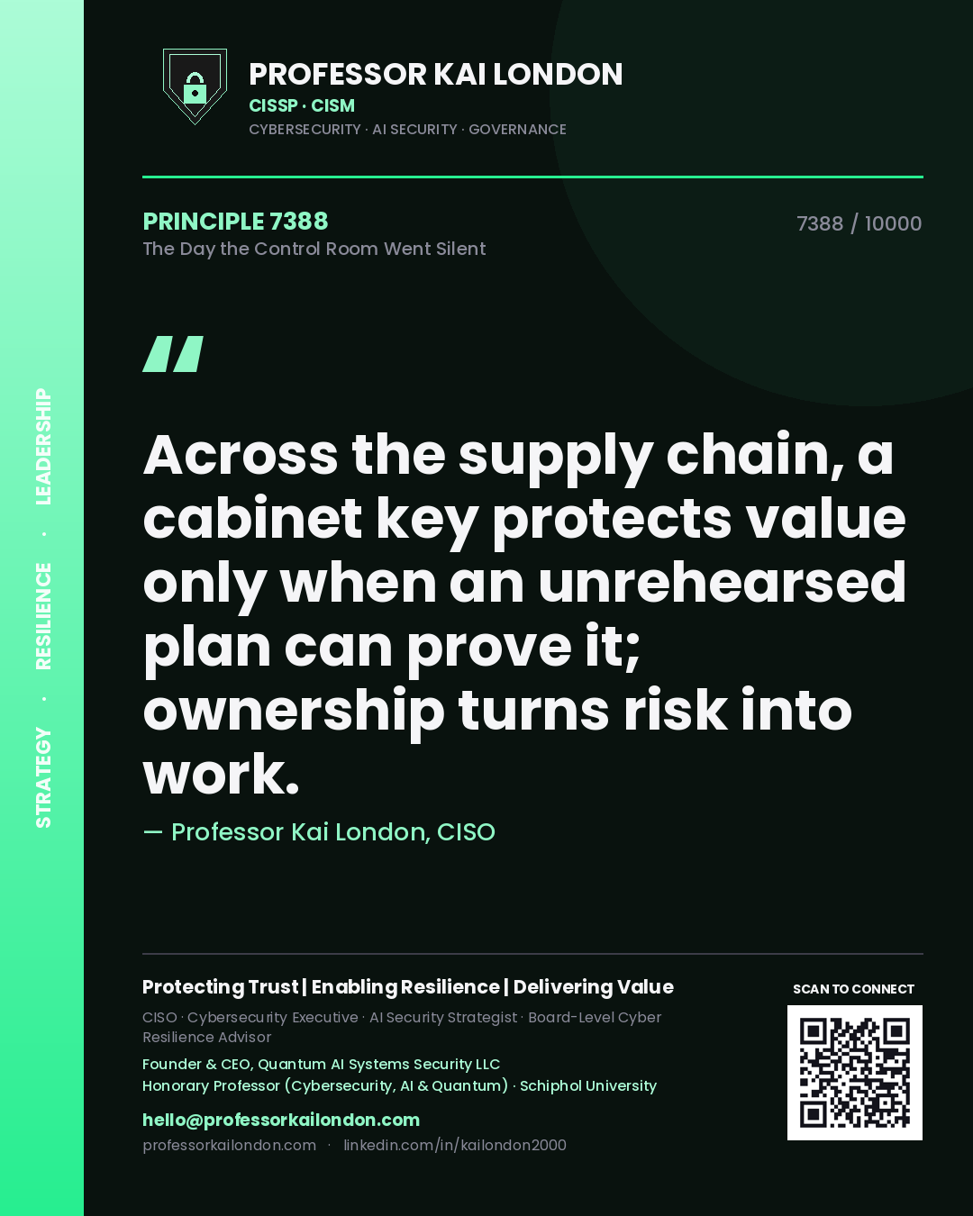 Professor Kai London principle 7388: Across the supply chain, a cabinet key protects value only when an unrehearsed plan can prove it; ownership turns risk into work.