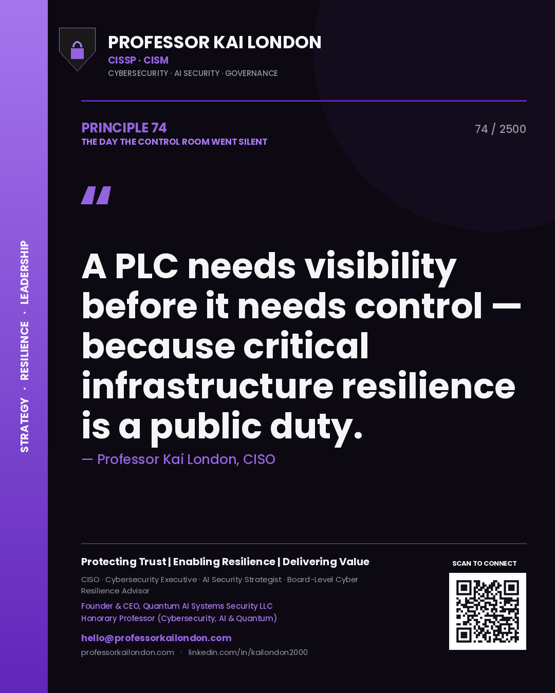 Quote card by Professor Kai London reading 'A PLC needs visibility before it needs control — because critical infrastructure resilience is a public duty.'. From the book The Day the Control Room Went Silent.