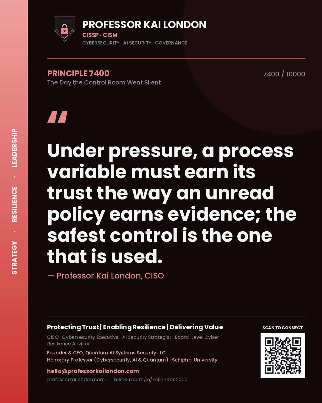Professor Kai London principle 7400: Under pressure, a process variable must earn its trust the way an unread policy earns evidence; the safest control is the one that is used.