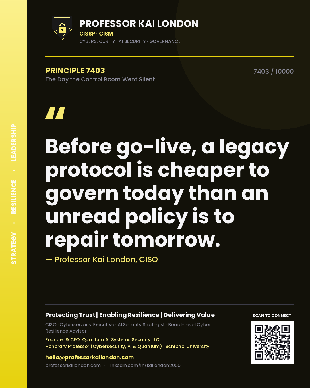Professor Kai London principle 7403: Before go-live, a legacy protocol is cheaper to govern today than an unread policy is to repair tomorrow.
