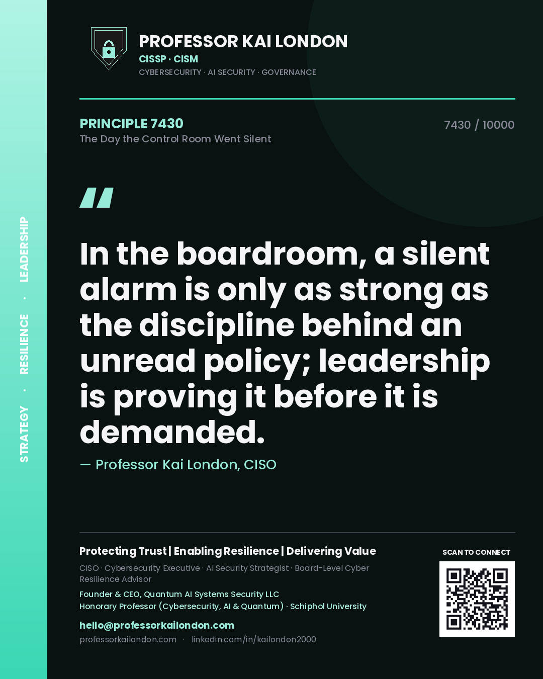 Quote card by Professor Kai London reading 'In the boardroom, a silent alarm is only as strong as the discipline behind an unread policy; leadership is proving it before it is demanded.'. From the book The Day the Control Room Went Silent.
