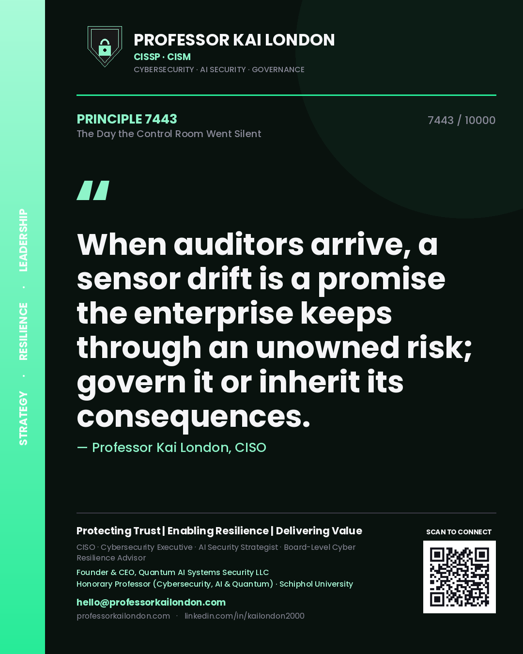 Professor Kai London principle 7443: When auditors arrive, a sensor drift is a promise the enterprise keeps through an unowned risk; govern it or inherit its consequences.