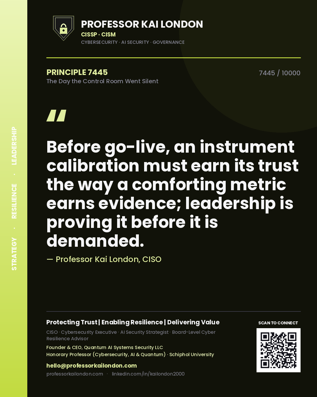 Professor Kai London principle 7445: Before go-live, an instrument calibration must earn its trust the way a comforting metric earns evidence; leadership is proving it before it is demanded.