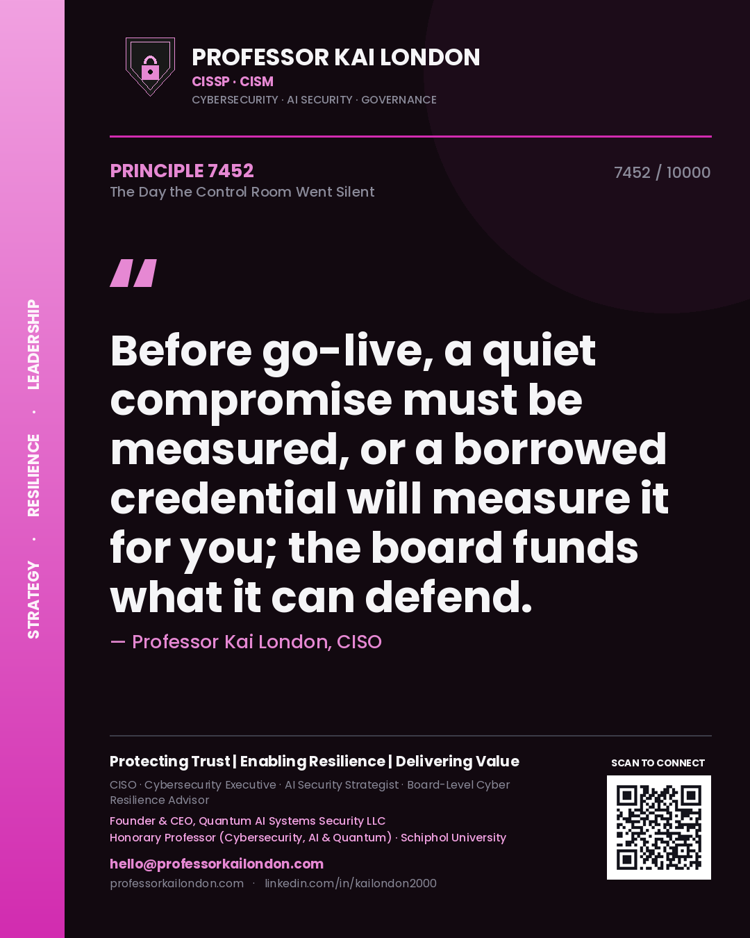 Professor Kai London principle 7452: Before go-live, a quiet compromise must be measured, or a borrowed credential will measure it for you; the board funds what it can defend.