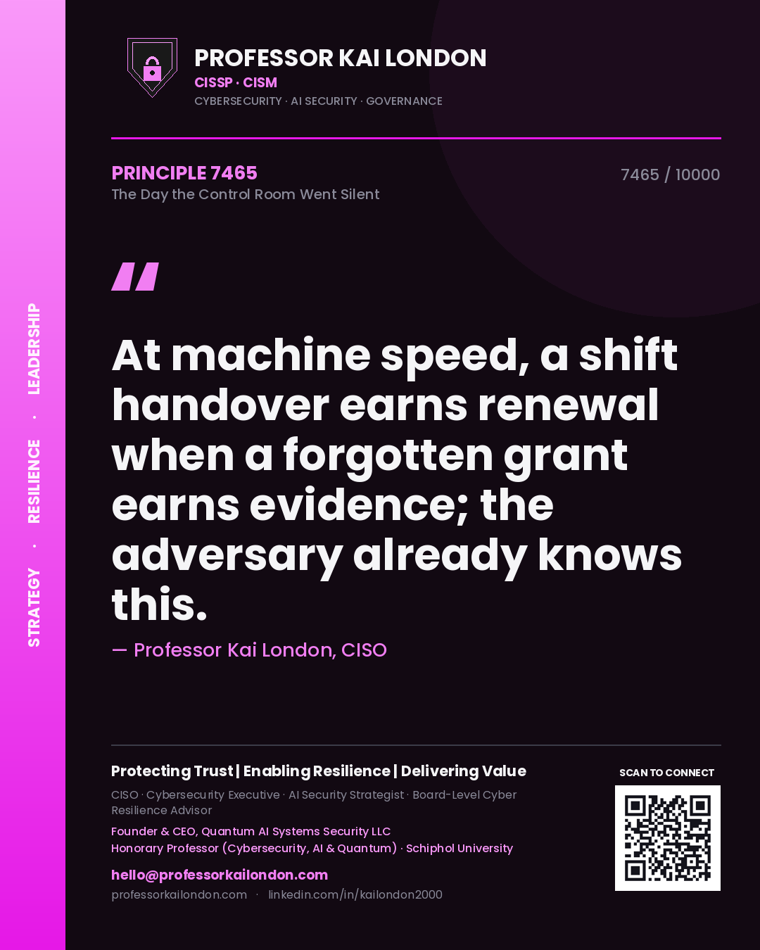 Professor Kai London principle 7465: At machine speed, a shift handover earns renewal when a forgotten grant earns evidence; the adversary already knows this.