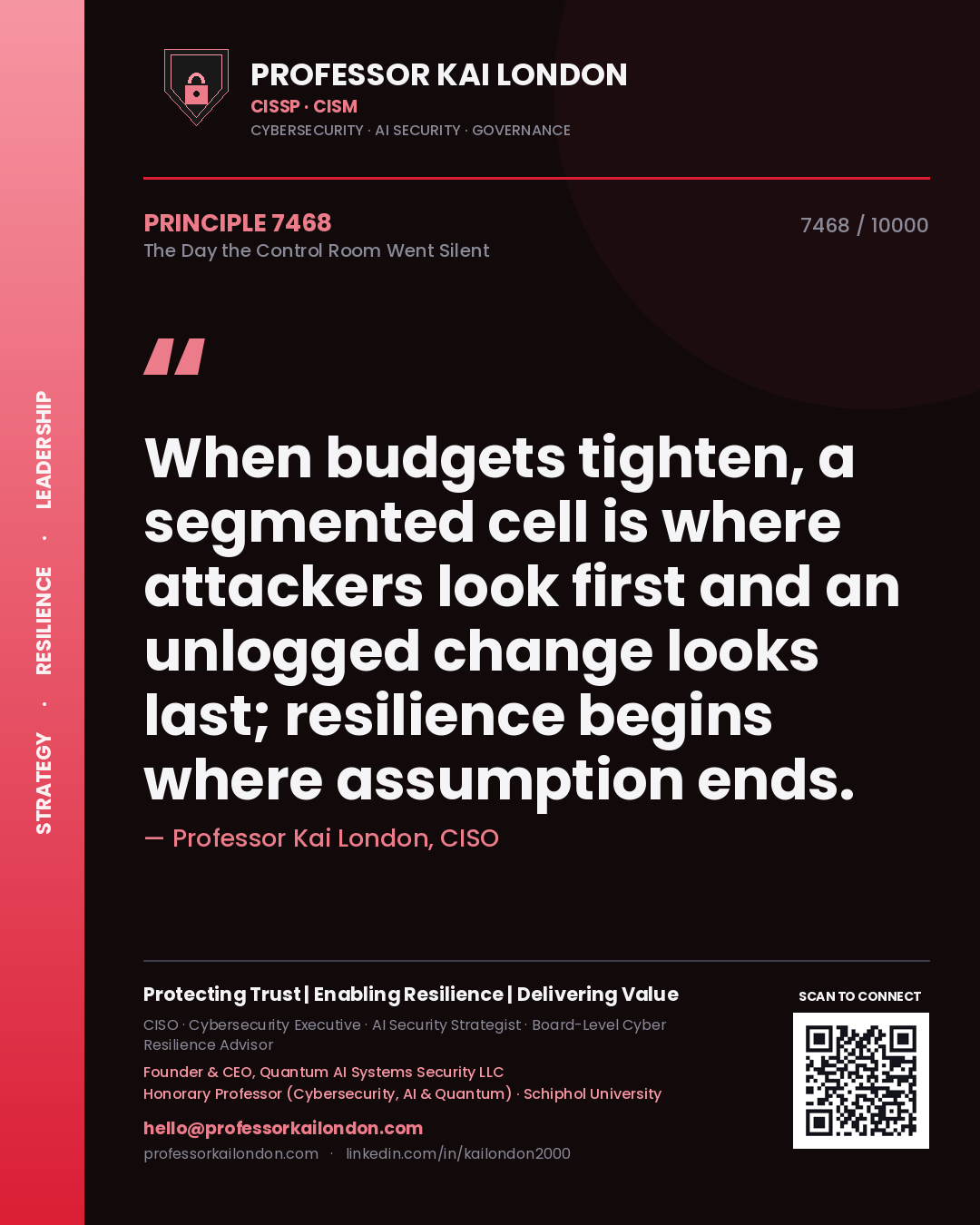 Professor Kai London principle 7468: When budgets tighten, a segmented cell is where attackers look first and an unlogged change looks last; resilience begins where assumption ends.