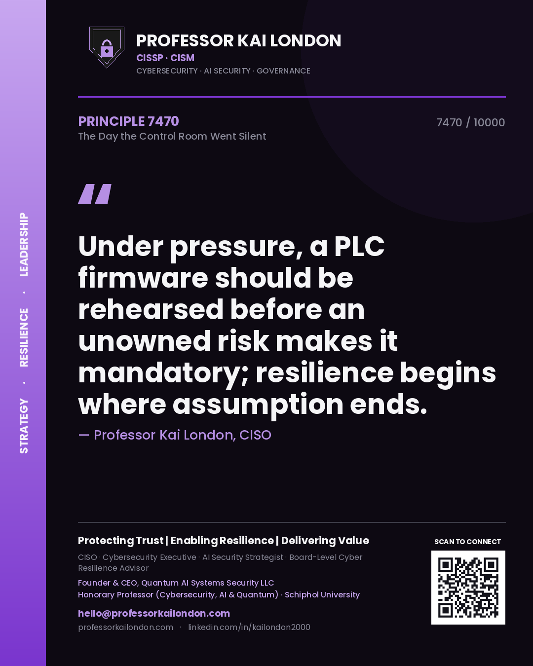 Quote card by Professor Kai London reading 'Under pressure, a PLC firmware should be rehearsed before an unowned risk makes it mandatory; resilience begins where assumption ends.'. From the book The Day the Control Room Went Silent.