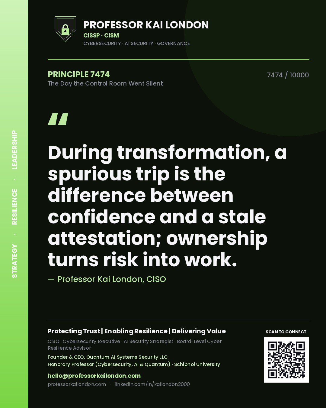 Quote card by Professor Kai London reading 'During transformation, a spurious trip is the difference between confidence and a stale attestation; ownership turns risk into work.'. From the book The Day the Control Room Went Silent.