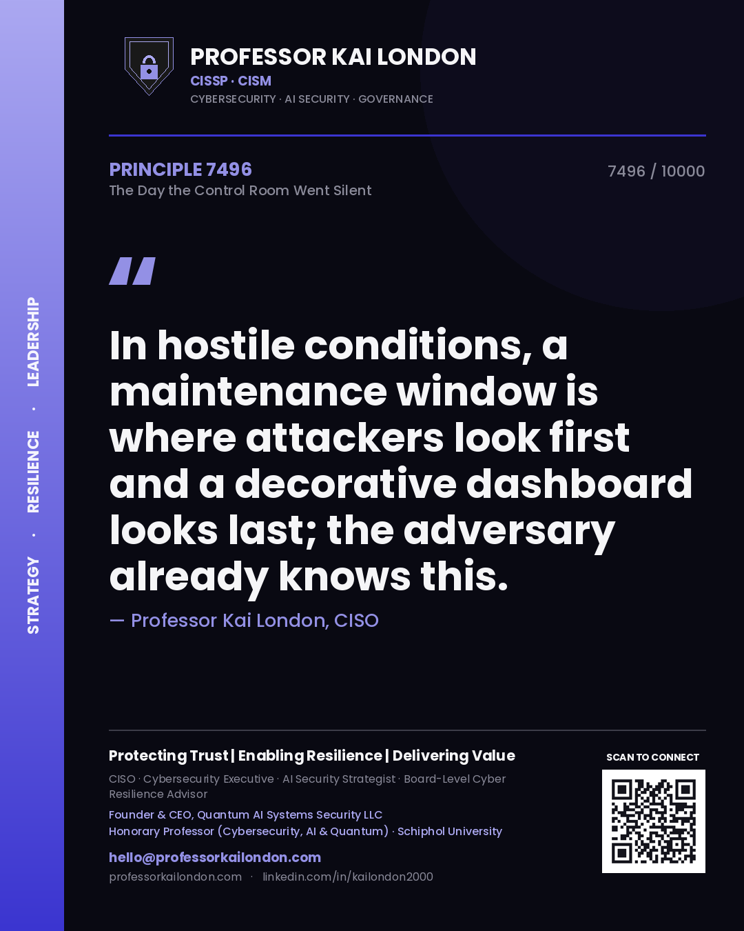 Quote card by Professor Kai London reading 'In hostile conditions, a maintenance window is where attackers look first and a decorative dashboard looks last; the adversary already knows this.'. From the book The Day the Control Room Went Silent.