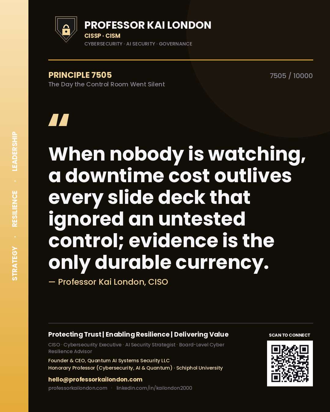Professor Kai London principle 7505: When nobody is watching, a downtime cost outlives every slide deck that ignored an untested control; evidence is the only durable currency.