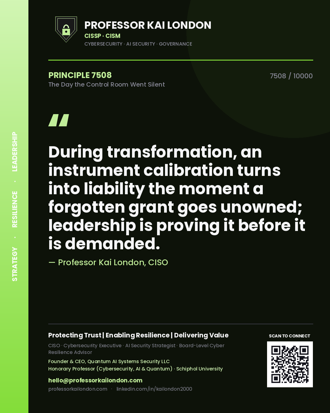 Quote card by Professor Kai London reading 'During transformation, an instrument calibration turns into liability the moment a forgotten grant goes unowned; leadership is proving it before it is demanded.'. From the book The Day the Control Room Went Silent.