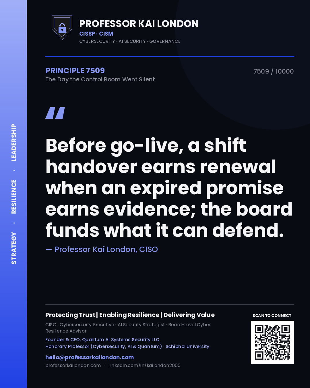 Professor Kai London principle 7509: Before go-live, a shift handover earns renewal when an expired promise earns evidence; the board funds what it can defend.