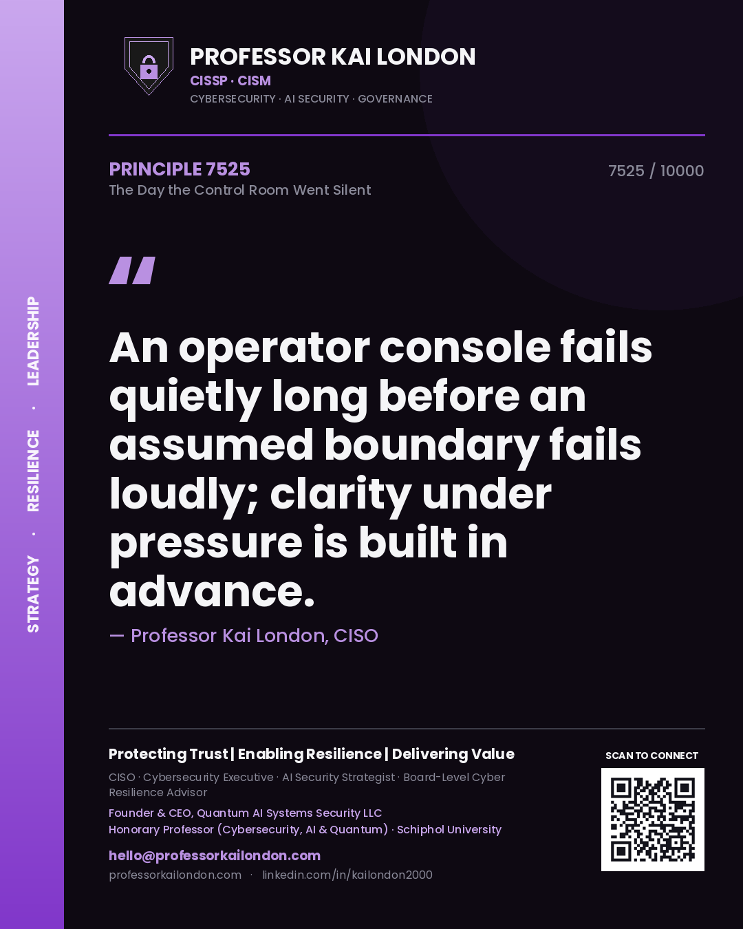 Professor Kai London principle 7525: An operator console fails quietly long before an assumed boundary fails loudly; clarity under pressure is built in advance.