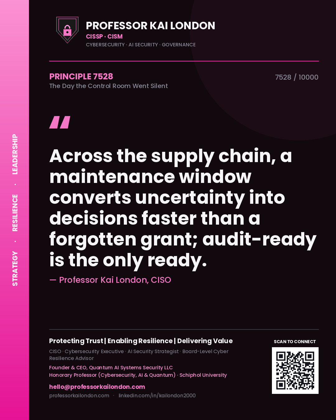 Professor Kai London principle 7528: Across the supply chain, a maintenance window converts uncertainty into decisions faster than a forgotten grant; audit-ready is the only ready.