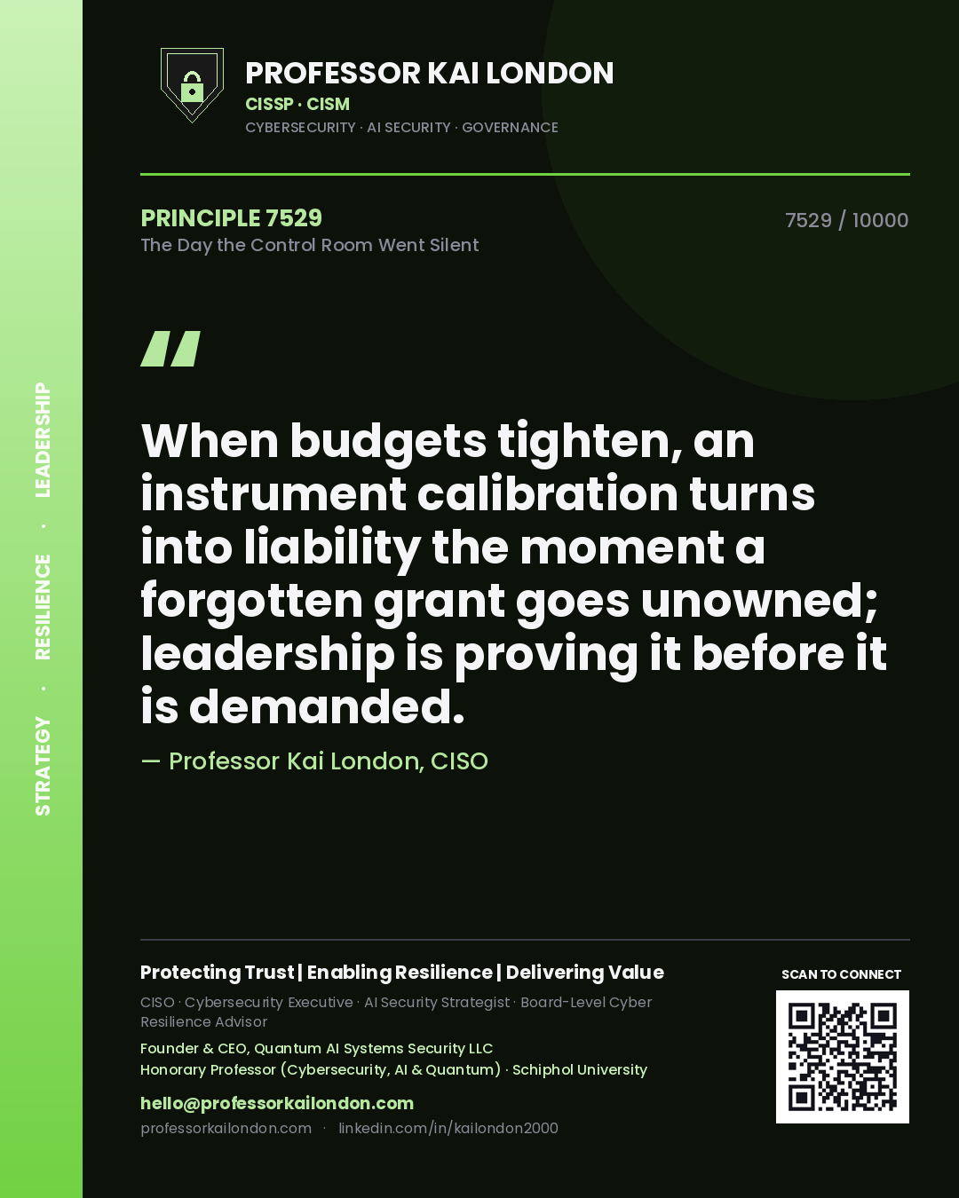 Quote card by Professor Kai London reading 'When budgets tighten, an instrument calibration turns into liability the moment a forgotten grant goes unowned; leadership is proving it before it is demanded.'. From the book The Day the Control Room Went Silent.