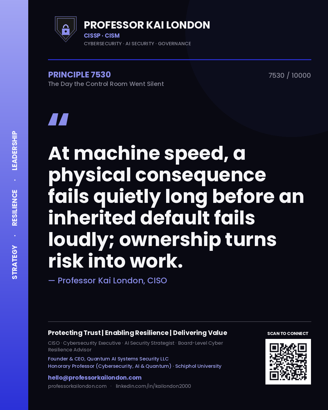 Quote card by Professor Kai London reading 'At machine speed, a physical consequence fails quietly long before an inherited default fails loudly; ownership turns risk into work.'. From the book The Day the Control Room Went Silent.
