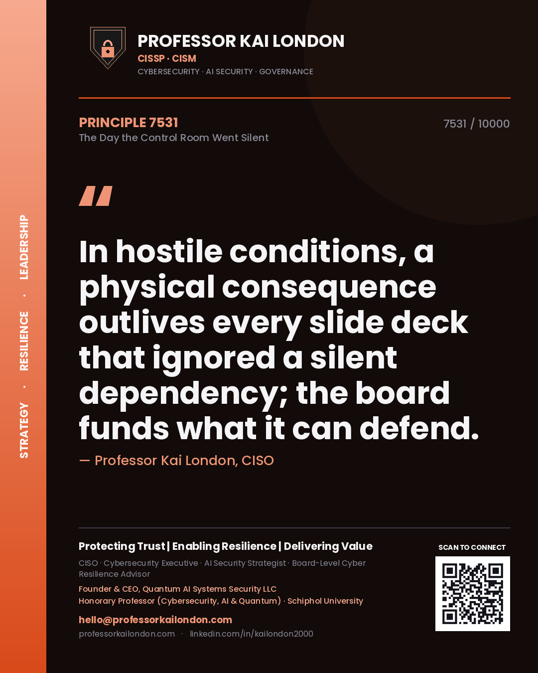 Quote card by Professor Kai London reading 'In hostile conditions, a physical consequence outlives every slide deck that ignored a silent dependency; the board funds what it can defend.'. From the book The Day the Control Room Went Silent.
