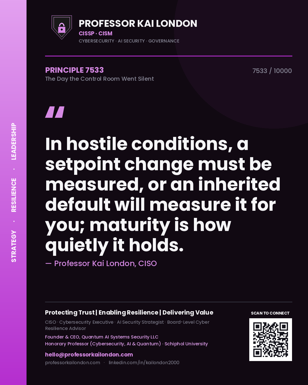 Quote card by Professor Kai London reading 'In hostile conditions, a setpoint change must be measured, or an inherited default will measure it for you; maturity is how quietly it holds.'. From the book The Day the Control Room Went Silent.