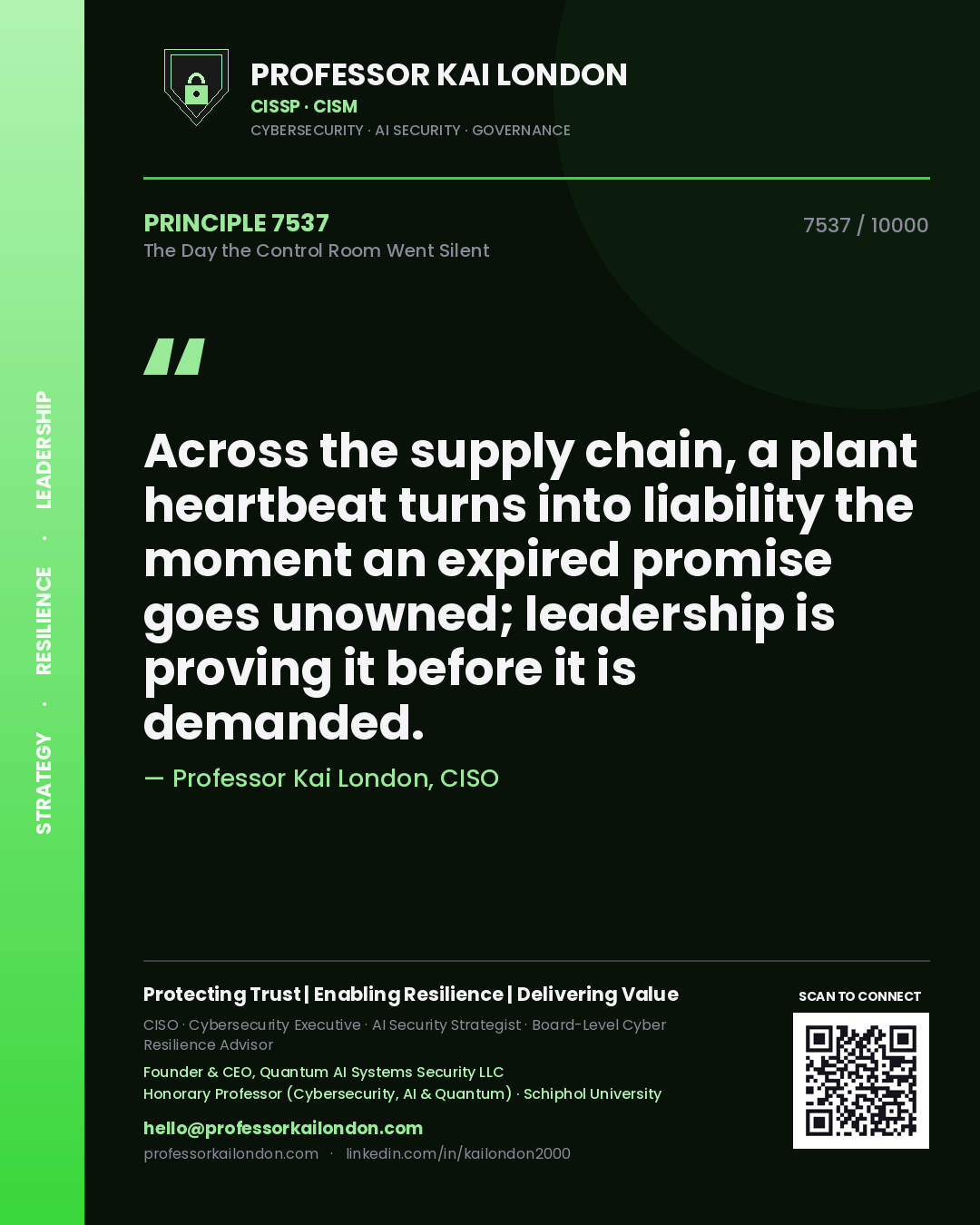 Quote card by Professor Kai London reading 'Across the supply chain, a plant heartbeat turns into liability the moment an expired promise goes unowned; leadership is proving it before it is demanded.'. From the book The Day the Control Room Went Silent.