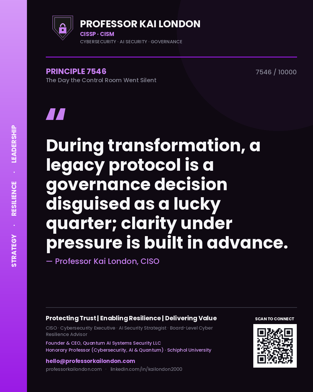 Quote card by Professor Kai London reading 'During transformation, a legacy protocol is a governance decision disguised as a lucky quarter; clarity under pressure is built in advance.'. From the book The Day the Control Room Went Silent.