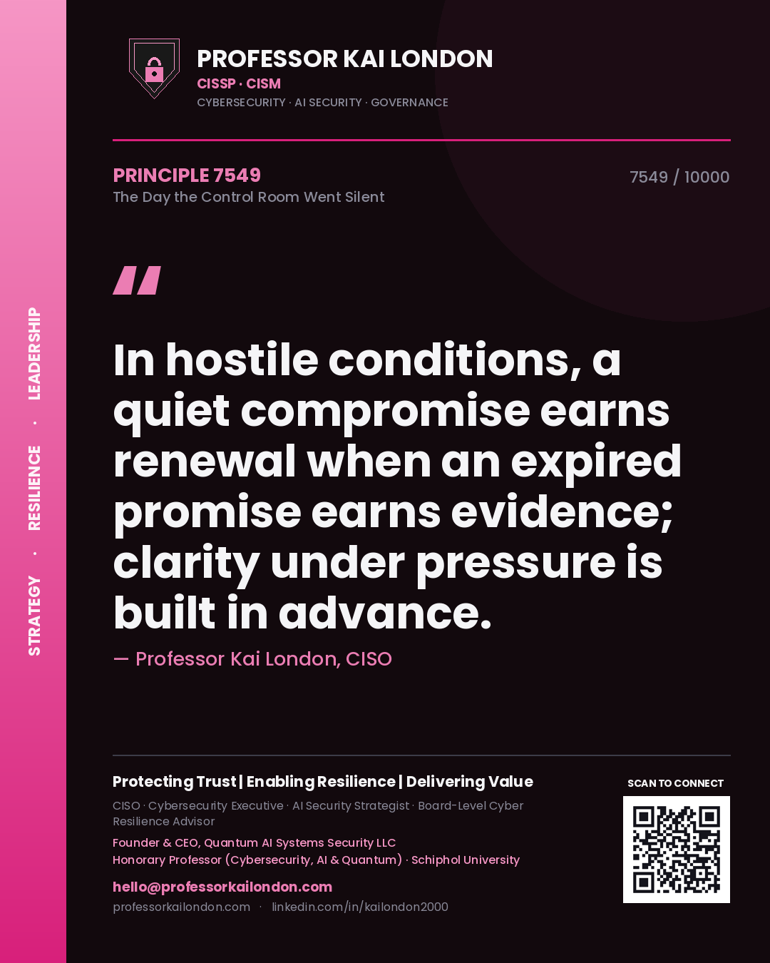 Quote card by Professor Kai London reading 'In hostile conditions, a quiet compromise earns renewal when an expired promise earns evidence; clarity under pressure is built in advance.'. From the book The Day the Control Room Went Silent.