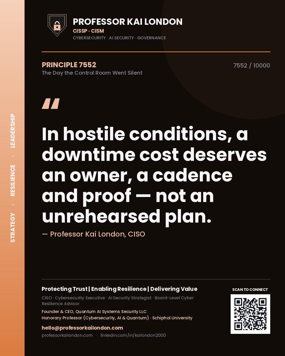 Professor Kai London principle 7552: In hostile conditions, a downtime cost deserves an owner, a cadence and proof — not an unrehearsed plan.