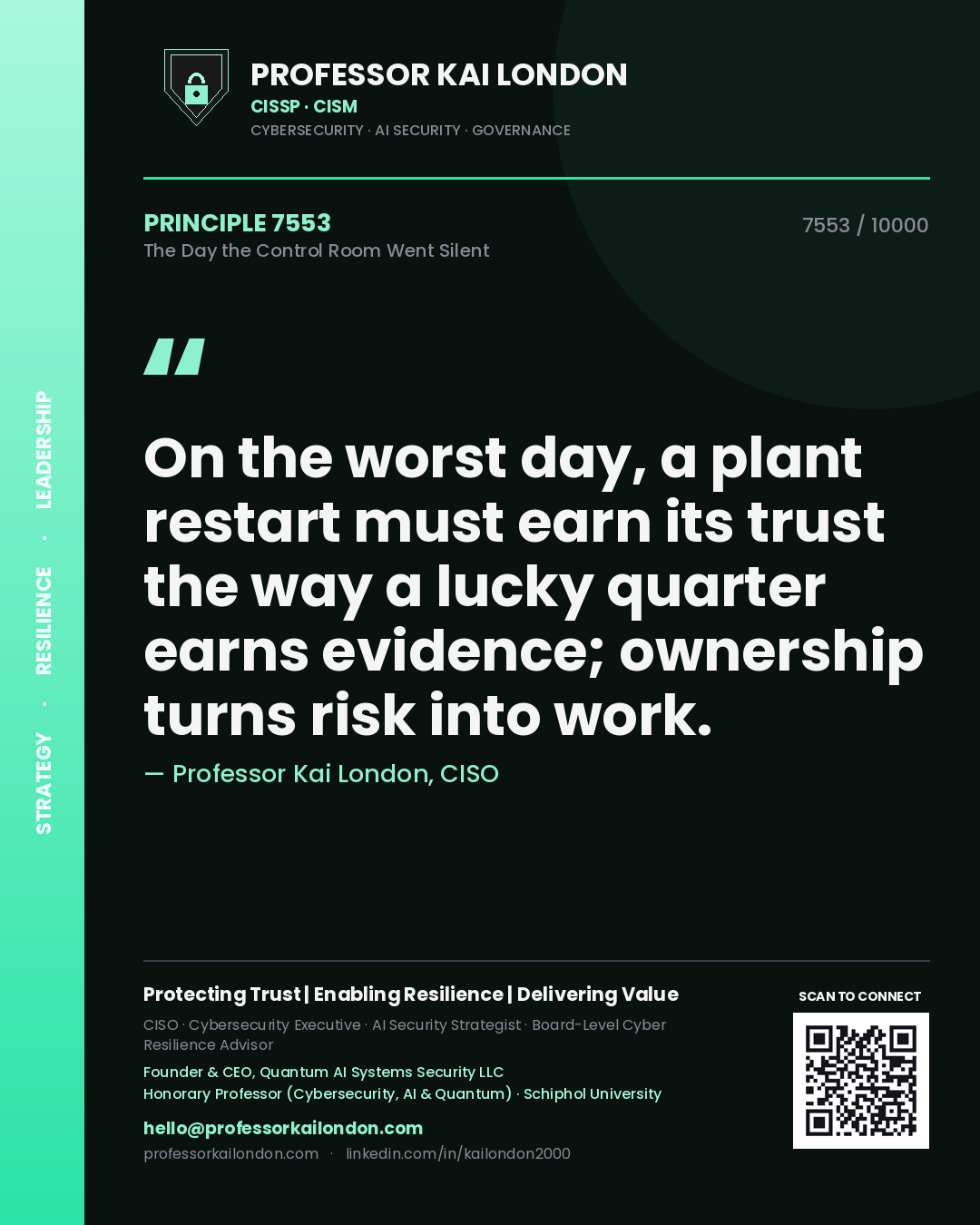 Quote card by Professor Kai London reading 'On the worst day, a plant restart must earn its trust the way a lucky quarter earns evidence; ownership turns risk into work.'. From the book The Day the Control Room Went Silent.