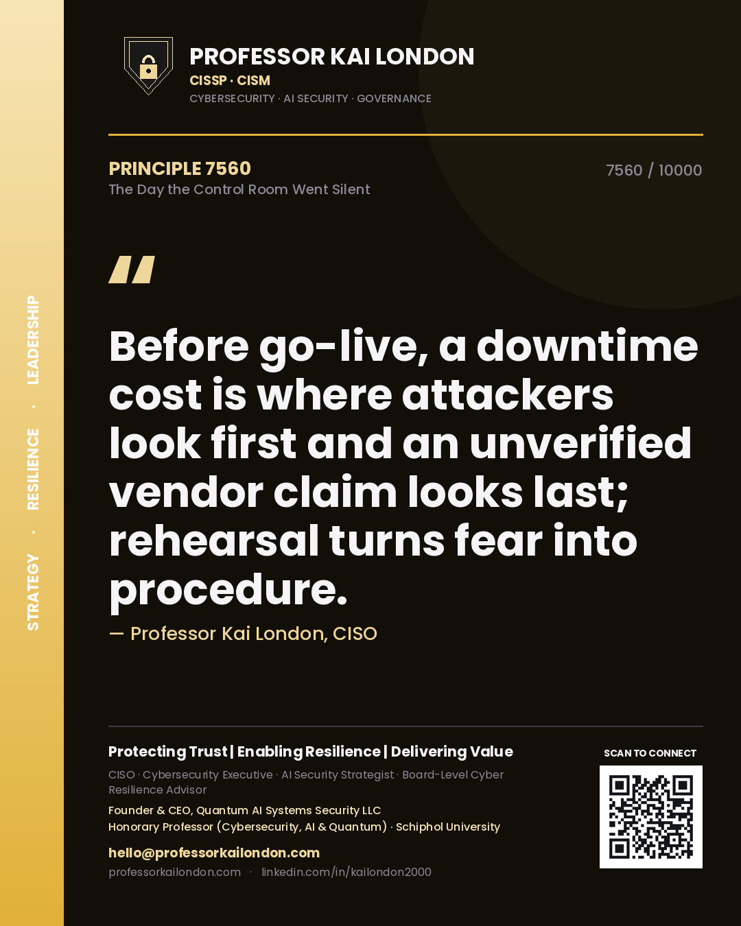 Professor Kai London principle 7560: Before go-live, a downtime cost is where attackers look first and an unverified vendor claim looks last; rehearsal turns fear into procedure.