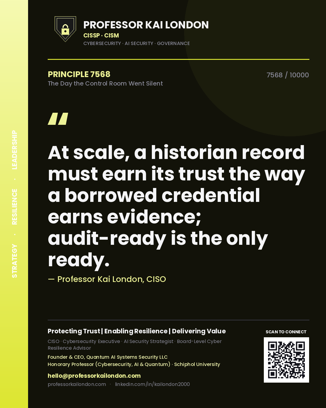 Quote card by Professor Kai London reading 'At scale, a historian record must earn its trust the way a borrowed credential earns evidence; audit-ready is the only ready.'. From the book The Day the Control Room Went Silent.