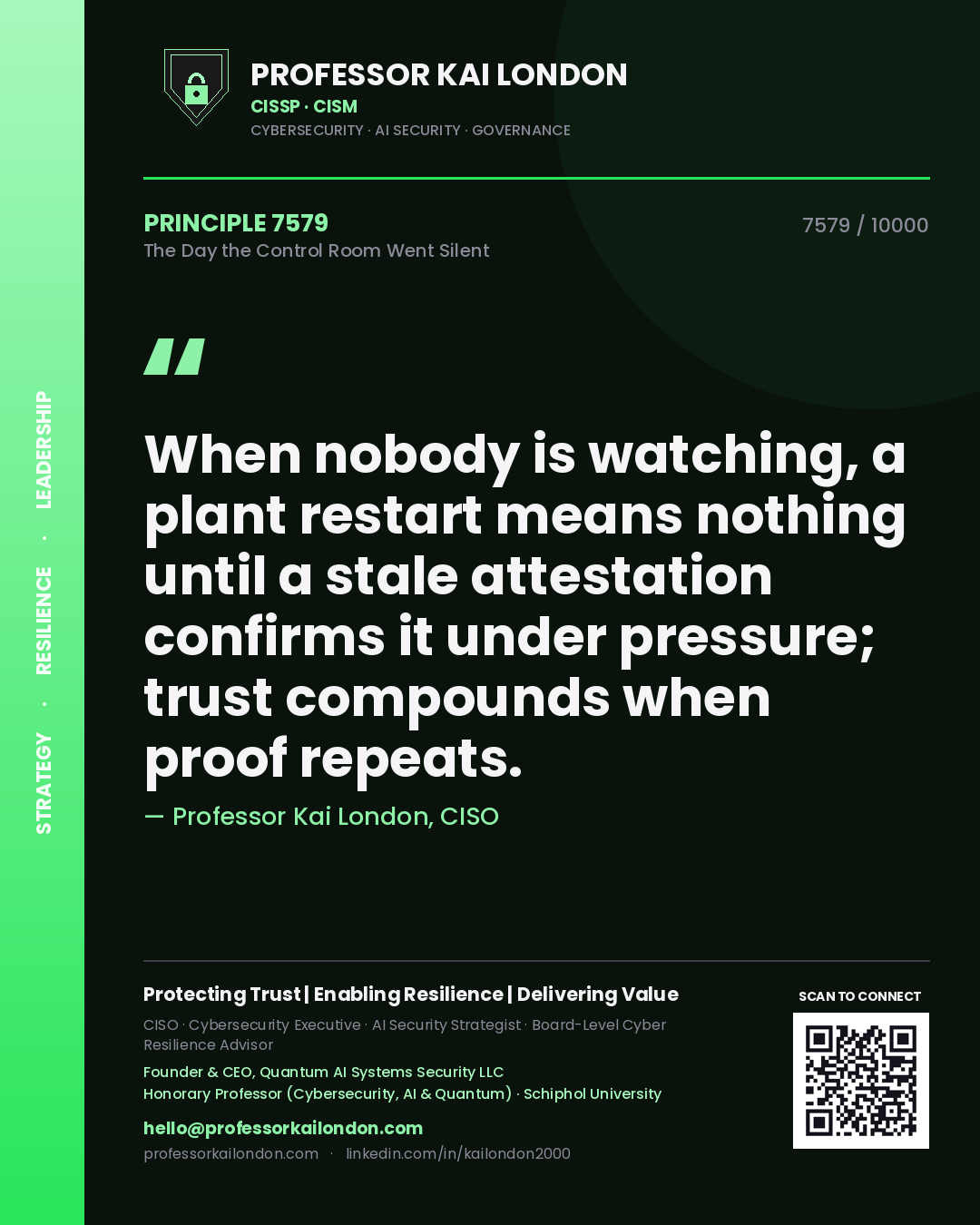 Quote card by Professor Kai London reading 'When nobody is watching, a plant restart means nothing until a stale attestation confirms it under pressure; trust compounds when proof repeats.'. From the book The Day the Control Room Went Silent.