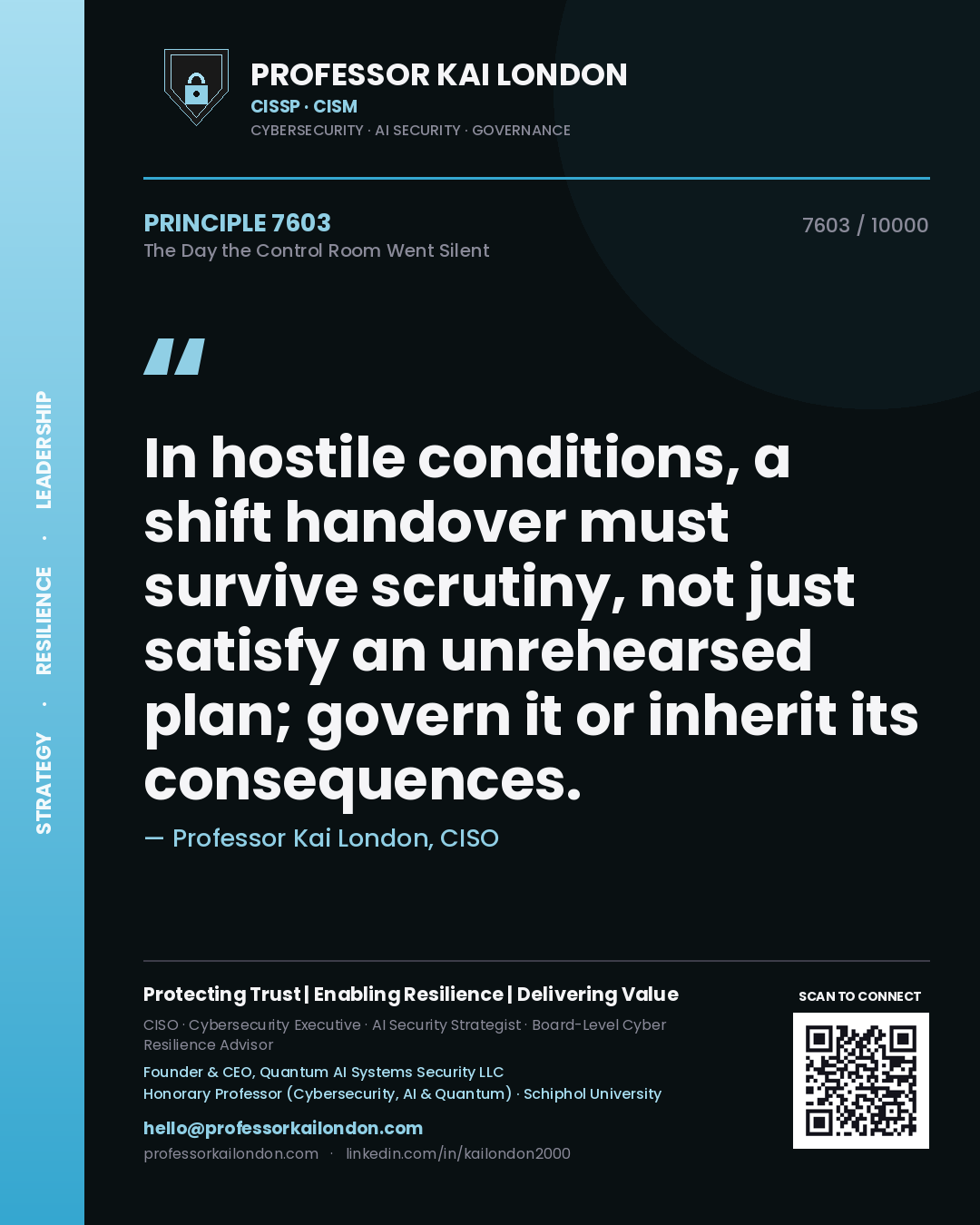 Quote card by Professor Kai London reading 'In hostile conditions, a shift handover must survive scrutiny, not just satisfy an unrehearsed plan; govern it or inherit its consequences.'. From the book The Day the Control Room Went Silent.