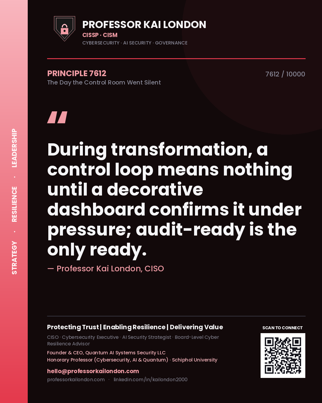 Professor Kai London principle 7612: During transformation, a control loop means nothing until a decorative dashboard confirms it under pressure; audit-ready is the only ready.