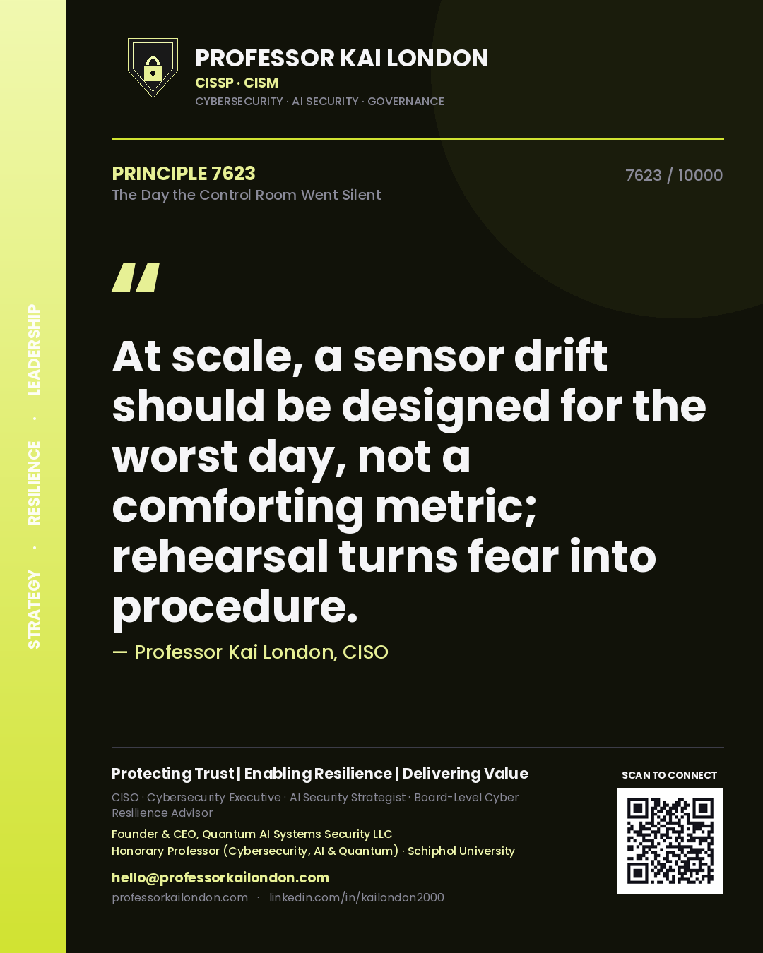 Quote card by Professor Kai London reading 'At scale, a sensor drift should be designed for the worst day, not a comforting metric; rehearsal turns fear into procedure.'. From the book The Day the Control Room Went Silent.
