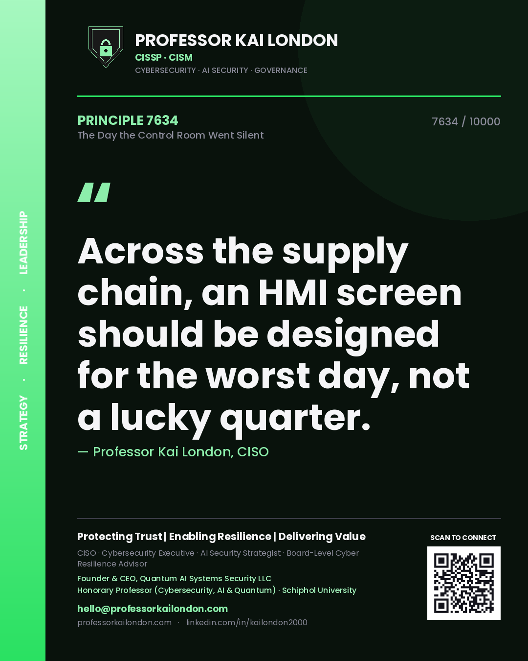 Quote card by Professor Kai London reading 'Across the supply chain, an HMI screen should be designed for the worst day, not a lucky quarter.'. From the book The Day the Control Room Went Silent.